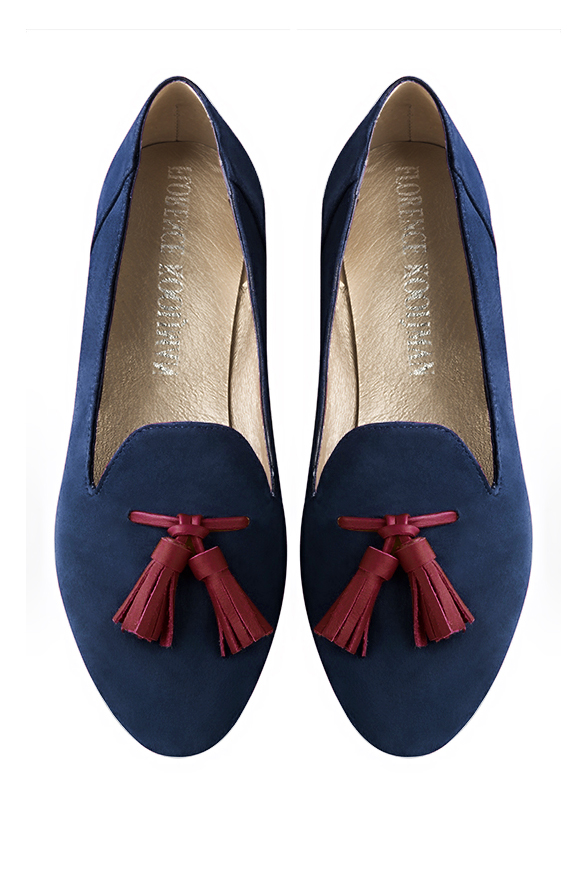 Navy blue and burgundy red women's loafers with pompons. Round toe. Flat leather soles. Top view - Florence KOOIJMAN
